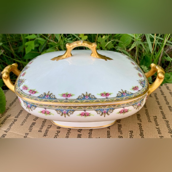 Vintage Limoges France Vignaud Square Gold Trim Lidded Vegetable Serving Bowl - Picture 16 of 16